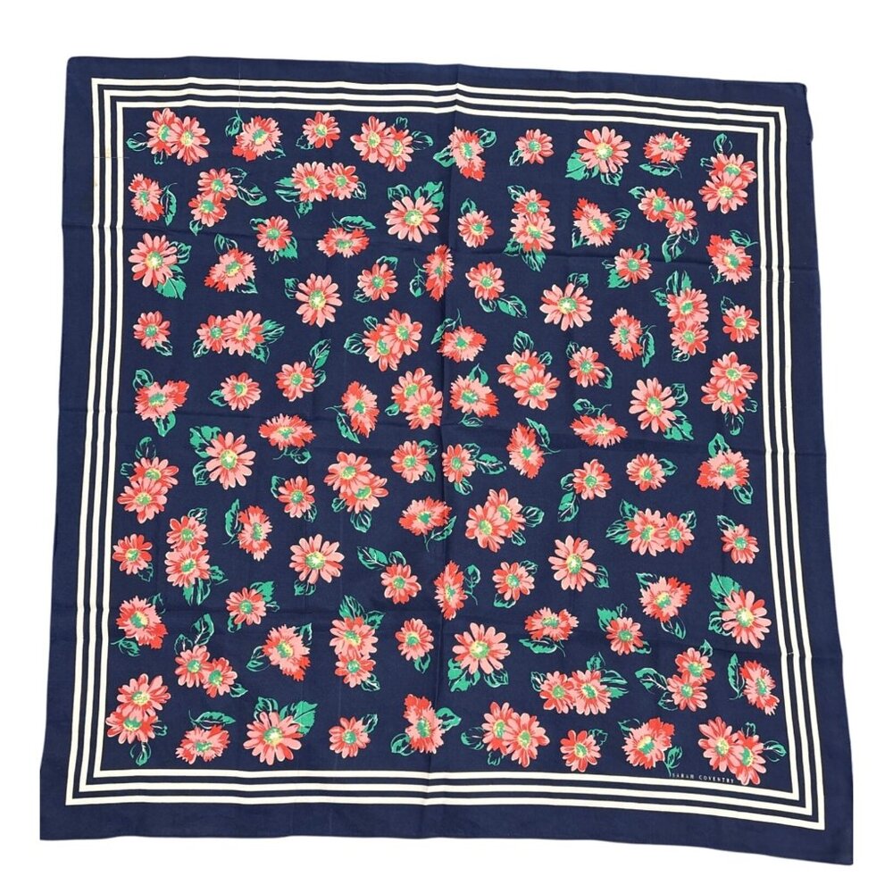 Vintage Sarah Coventry Floral Silk Scarf Navy Blue Coral Green Botanical Print H